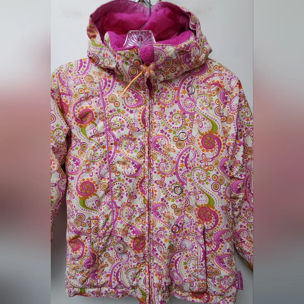 Obermeyer Pink Floral Paisley Ski Winter Jacket Hood Pockets Size 8 Girls